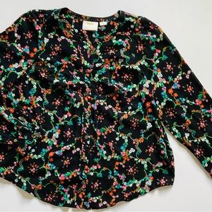 Maeve/Anthropologie Black and Bright Floral Long Sleeve Blouse, Medium